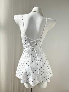 Elamini Polka Dot Camisole Waist Fitted Sexy Mini A-Line Dress - White - View 2