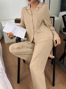 SHEIN 女士宽松舒适针织领长袖睡衣套装 - 卡其色 - 查看 6