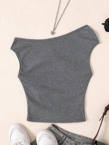 SHEIN Áo thun nữ tuổi teen dáng ôm thoải mái, vai lệch, in hình ngôi sao. - Màu xám đen - Xem 3