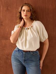 Roveilla Plus Size Women's Beige Summer Elegant Tea Party Blouse,Linen Round Neck Beaded Pleated Raglan Sleeve Loose Fit Elastic Cuff Tops,Vintage French Style - Apricot - View 3