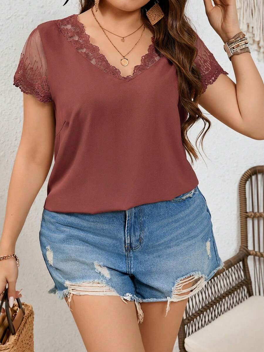 SHEIN Frenchy 大码女式蕾丝拼接短袖夏季衬衫 - 紅木色 - 查看 1