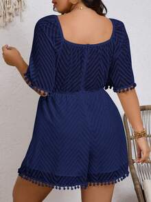 SHEIN Frenchy Bộ áo liền quần tay ngắn cổ chữ V khoét eo, màu trơn, cỡ lớn, tay ngắn, thích hợp cho mùa hè. - Màu xanh hải quân - Xem 2