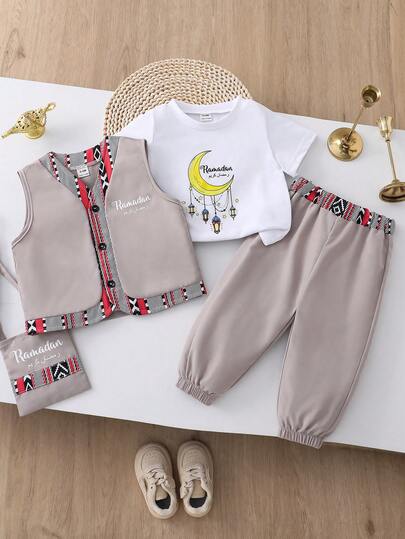 Toddler Boys' Printed Vest Set With Printed Short Sleeve Top And Printed Long Jogger Pants, Accessory With Large Pocket Bag, Suitable For Outdoor And Indoor Wear, Spring/Summer/Autumn