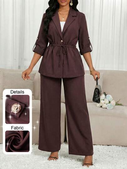 SHEIN Lady 2 pezzi Set top e pantaloni casual da donna in tinta unita con vita con coulisse, adatto per l'uso quotidiano, autunno