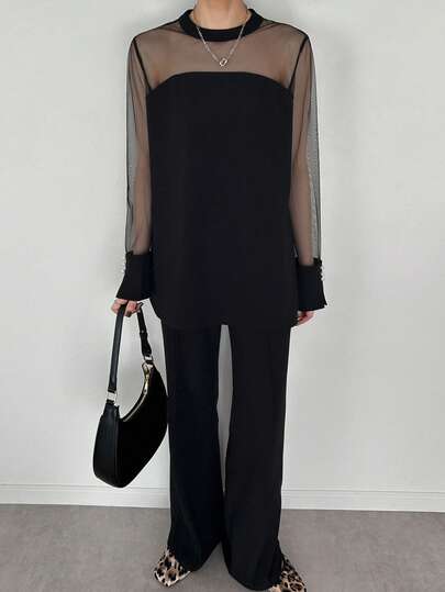 FRIFUL Women's Solid Black Mesh Patchwork Casual Versatile 2 Pieces Set