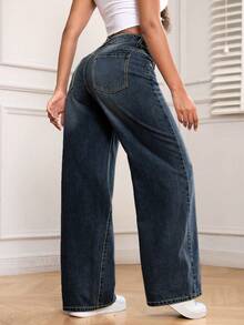 SHEIN PETITE Women's Casual Everyday Commute Versatile Washed Loose Wide-Leg Jeans With Waist Chain - Dark Wash - View 2