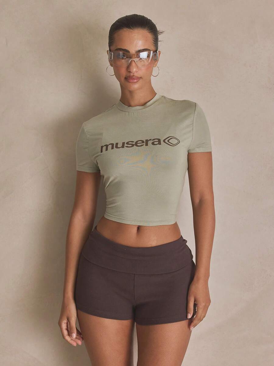MUSERA Fitted Graphic Cropped Tshirt Top Summer, Sporty, Casual, Day, Streetstyle, Streetwear Spring - Green - View 1