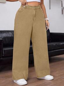 SHEIN CURVE+ Plus Size Women Cowgirl Vintage Style Loose Fit Wide Leg Jeans, Rodeo - Khaki - View 7