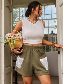 SHEIN VCAY 大码女式弹力腰带口袋设计休闲短裤 - 軍綠色 - 查看 6