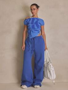 MUSERA 夏季弹力腰直筒慢跑裤，运动休闲风，适合日常穿着，街头风，街头服饰 - 藍色 - 查看 1