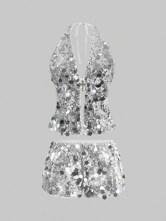 Grunge Punk Tenue de fête punk rock, costume pour événement musical de festival, Nouvel An. Ensemble de 2 pièces pour femmes avec Top à encolure bateaux et pendentif croisé sexy pailleté. Style Y2K millénaire