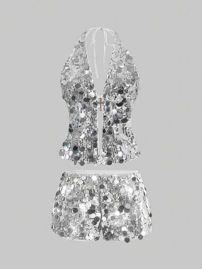 Grunge Punk Outfit da diva punk rock per feste, costume per eventi musicali festival e Capodanno, set da 2 pezzi con top a collo alto e pendente a croce sexy con paillettes, stile Y2K millennium