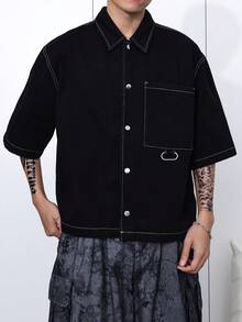 Manfinity Hypemode New Casual Black Collar Short Sleeve Jacket - Black - View 1
