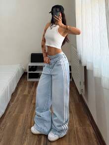 StreetHx 女士休闲日常牛仔裤，侧边拼接撞色设计 - 淺色水洗藍 - 查看 5