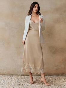 Anewsta 高品质时尚标准尺码女士夏季新款法式优雅缎面蕾丝边半身裙，修身通勤约会连衣裙 - 杏色 - 查看 7