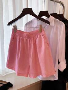 Resyla Women's Casual Everyday Commute Simple Solid Pink Elastic Waist Loose Shorts, Summer - Pink - View 1