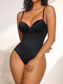 NudeFit 女士休闲纯色格子提花钢圈连体裤一件装 - 黑色 - 查看 3