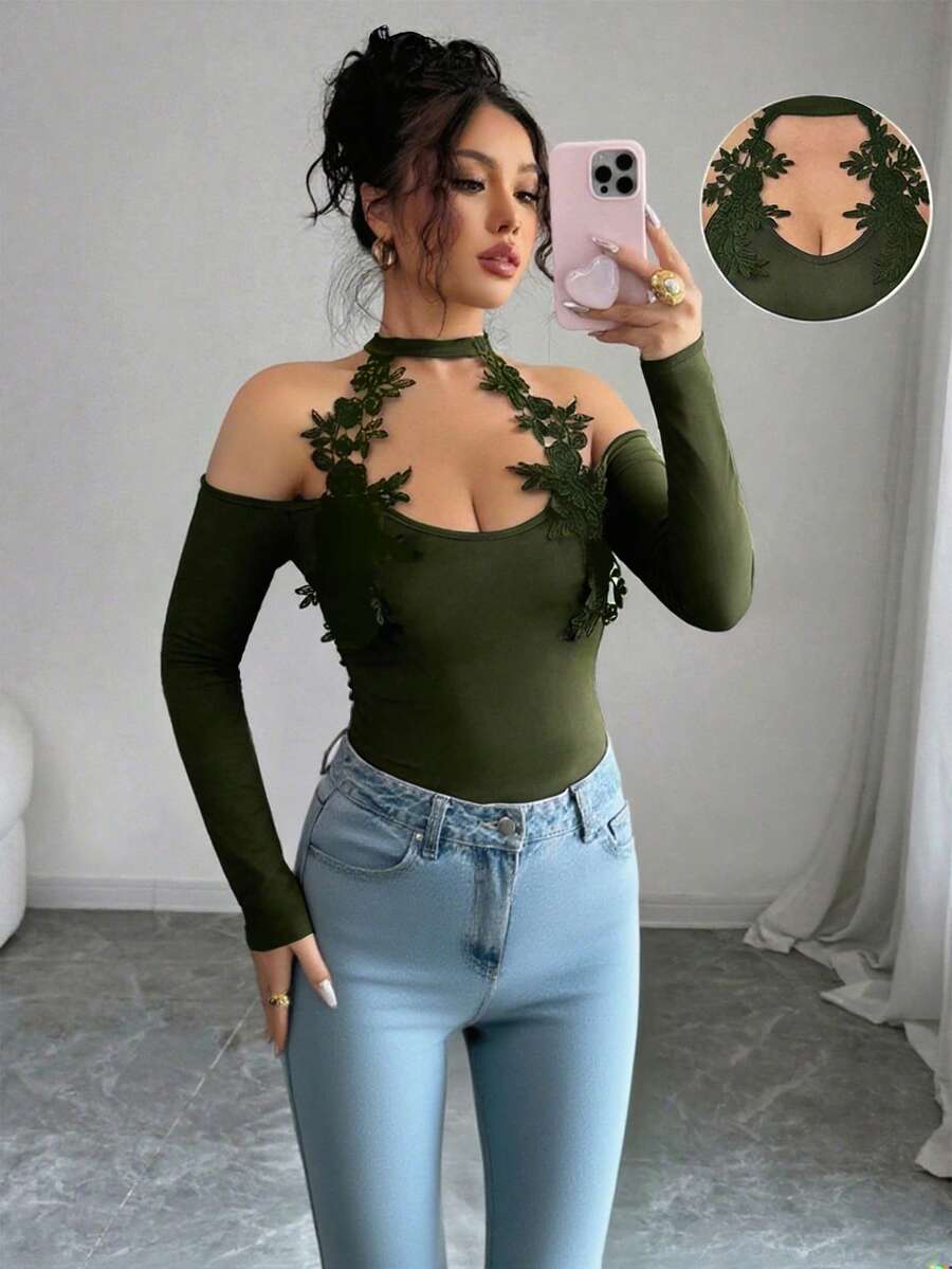 Elenzga Women's Fashionable Sexy Off-Shoulder Long Sleeve Bodycon T-Shirt - Army Green - View 1