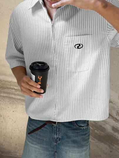 STEELVANCE Unisex Vintage Embroidered Vertical Striped Casual Short Sleeve Shirt, Spring/Summer Streetwear Men Shirt