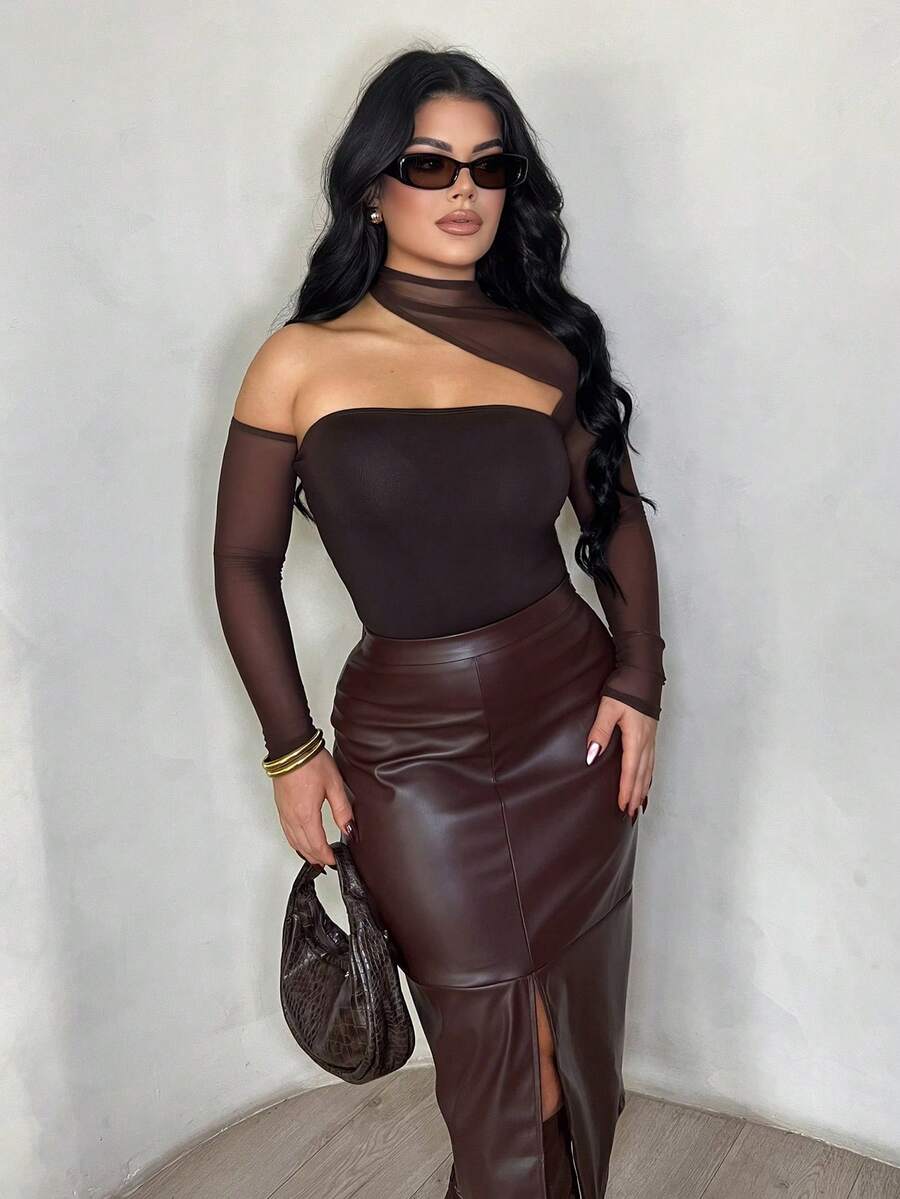 Dayanna Comas 女士黑色網紗接縫不對稱無肩帶連體衣，演唱會裝，裝備套裝，節日裝，夏季上衣 - 咖啡棕 - 查看 1