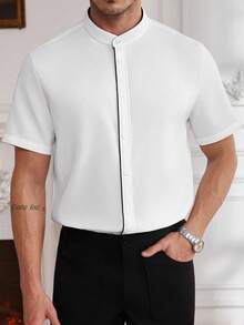 Core Aspect Men's White Stand Collar Short Sleeve Single-Breasted Casual Business Shirt - White - View 5