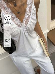 Livesso Women's Summer Casual Vacation Style Contrast Lace V-Neck Pleated Camisole - Beige - View 1