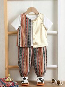 SHEIN Baby Boy Colorful Geometric Retro Pattern Vest Jacket With Elastic Waist Lantern Pants Set, Suitable For Formal Occasions, Birthday Parties, Raves, Galas, Performances, Weddings, Baby Showers, And 1st Birthday Celebrations