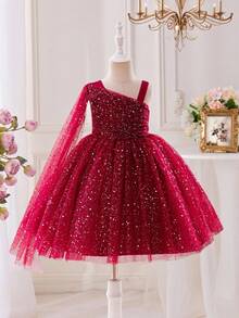Glamorique Kids Girls' Burgundy Tulle Puff Skirt Dress With Silver Polka Dots, Spaghetti Strap, Shawl, Christmas, Halloween, Children's Day, Party, Birthday, High-End Dress - Burgundy - View 3