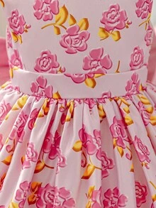 Glamorique Kids Mädchen Blumen Muster V-Rücken Satin Kleid mit 3D Schleife, elegantes aufgeblähtes Prinzessin Partykleid für Blumenmädchen, Hochzeit, Bankett - Pink - Übersicht 5