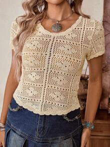 LanaWest Women's Casual Western Hollow Floral Knit Sweater Top - Apricot - View 1
