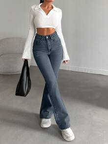 SHEIN 98%Cotton High-Waist Original Boot Cut Jeans Tall - Navy Blue - View 6