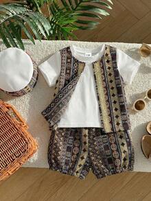 SHEIN 4件套幼儿男童休闲优雅撞色拼接复古印花背心外套、白色短袖T恤、针织衫、灯笼裤短裤、帽子多件套服装，适合春夏穿着，休闲可爱，节日庆典适用。 - 彩色 - 查看 7