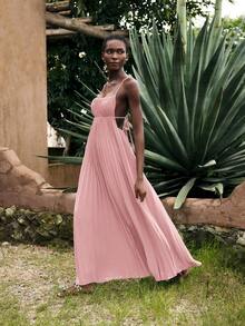 Maija 女士酒红色夏季度假连衣裙，简约无袖褶皱沙滩裙，适合温暖天气 - 粉色 - 查看 6