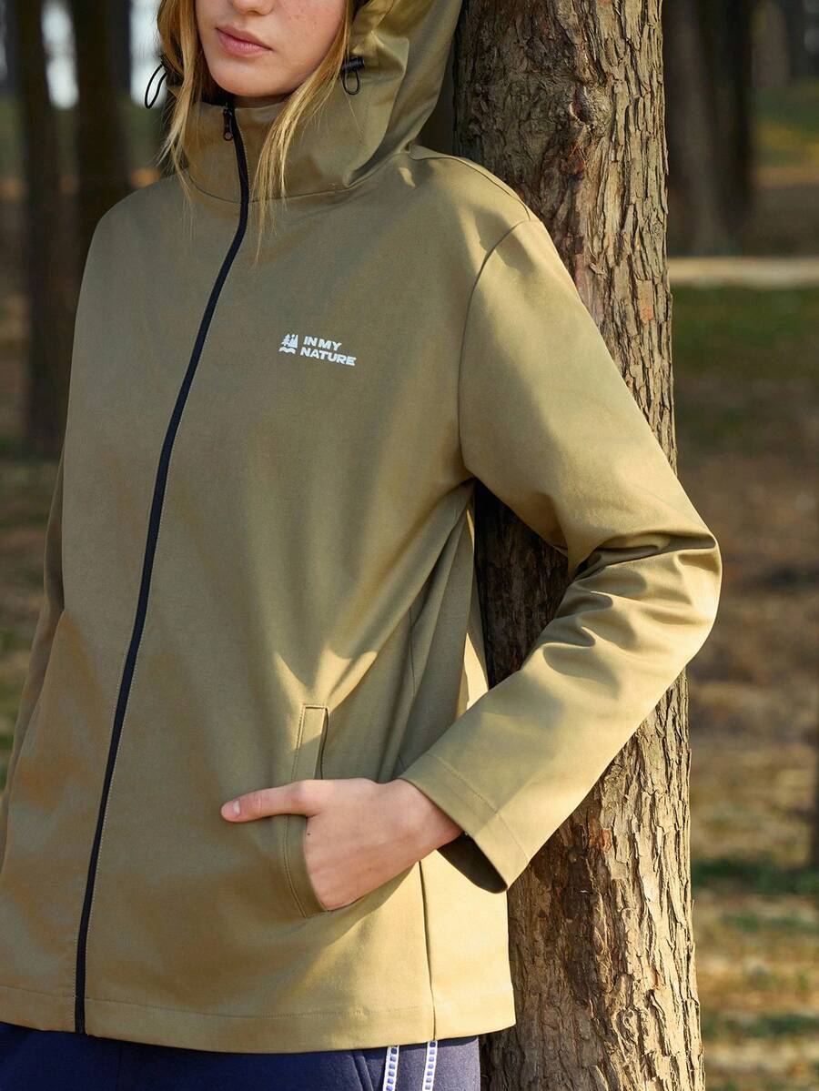 In My Nature Women's Letter Print Long Sleeve Zip-Up Hooded Casual Jacket - Khaki - View 1