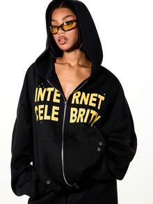 SUMWON WOMEN Bộ đồ thể thao nữ màu đen dáng rộng có khóa kéo, in chữ nổi tiếng màu vàng, quần ống rộng kiểu dáng thường ngày, gồm hai mảnh. - màu đen - Xem 4