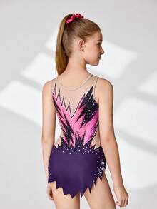 SHEIN Bộ đồ thể dục không tay bằng vải lưới nhiều màu sắc dành cho bé gái tuổi teen, đính đá lấp lánh, co giãn 4 chiều, độ đàn hồi cao, thích hợp cho tập thể dục, thể thao ngoài trời, khiêu vũ, yoga, thể dục dụng cụ. - Màu xanh lam - Xem 2