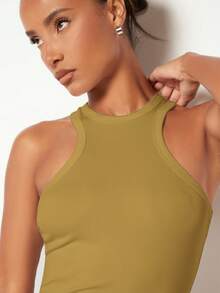 SHEIN BASICS Women's Casual Solid Color Knit Ribbed Crew Neck Fitted Tank Top - Yellow - View 4