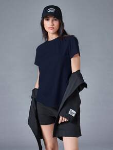 SHEIN BASICS 夏季运动纯色圆领短袖T恤 - 藏蓝色 - 查看 5