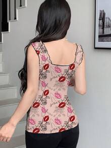 Modelyn Lip Print, High Heel & Rose Flower Graffiti Print Summer Fashion Tie-Up Bow Knot Fitted Bodycon Tank Top For Women - Multicolor - View 2