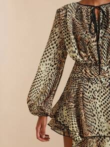 SHEIN Veneréa Elegant Vintage Snake Skin Print Waist Tie Bow Long Sleeve Ruffle Hem Animal Print Short Dress For Women - Multicolor - View 6