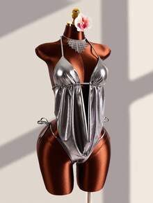 Zestiva Women's Metallic Halter Tie Ruffle Hem Tankini Top And Triangle Bottoms Swimsuit Set, Vacation/Beach - Silver - View 3