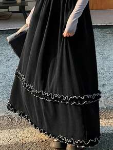 FRIFUL Vestido de verano suelto y fluido con tirantes finos, estilo casual dulce, con volantes de macramé de color contrastante y corte en línea A - Negro - Ver 10