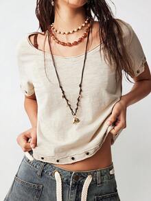 Bohemela 女士休闲纯色V领短袖宽松T恤 - 杏色 - 查看 4