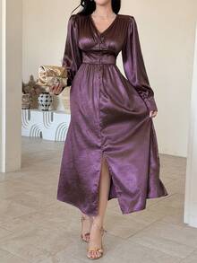 DAZY 女士优雅纯色纹理V领泡泡袖褶皱中长连衣裙，春夏婚礼宾客礼服/吊带裙 - 紫色 - 查看 5