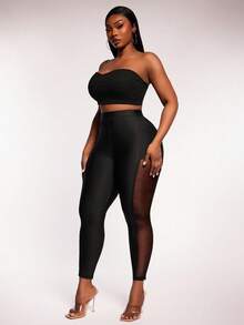 SHEIN SXY Plus Size Women Black Summer Girlism Gym Leggings,Mesh Patchwork Elastic Waist Yoga Tights With Pockets, Fashionable Casual Street Style Pants - Black - View 6