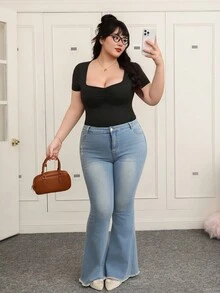 CovetEZ Bodyduit informal de verano negro con aplicaciones de strass en el cuello para tallas grandes - Negro - Ver 6