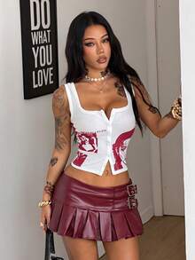 Coolane Women's Spring Streetwear Y2K Concert Rave Festival Going Out Rave Renaissance Fair Clubs Party Graphics Button Down Tank Top - White - View 4