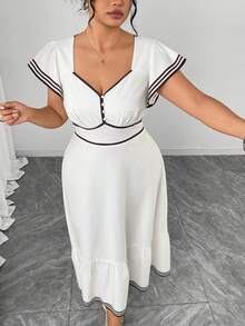 SHEIN Elenzya Đầm dài ngang gối màu trắng phối tương phản, chất liệu dệt kim, dáng suông, thanh lịch, thích hợp cho nữ cỡ lớn, thích hợp cho đầu xuân, đi làm, hẹn hò. - trắng - Xem 5