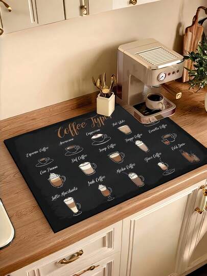 1 pieza Alfombrilla de drenaje de diatomita con estampado de café vintage, lavable, absorbente, con aislamiento térmico, protección para la mesa, accesorio de decoración de cocina, menaje de hogar