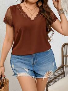 SHEIN Frenchy Plus Size Women's Lace Splicing Short Sleeve Summer Shirt Lace Trim Top, Going Out Tops - Coffee Brown - View 1